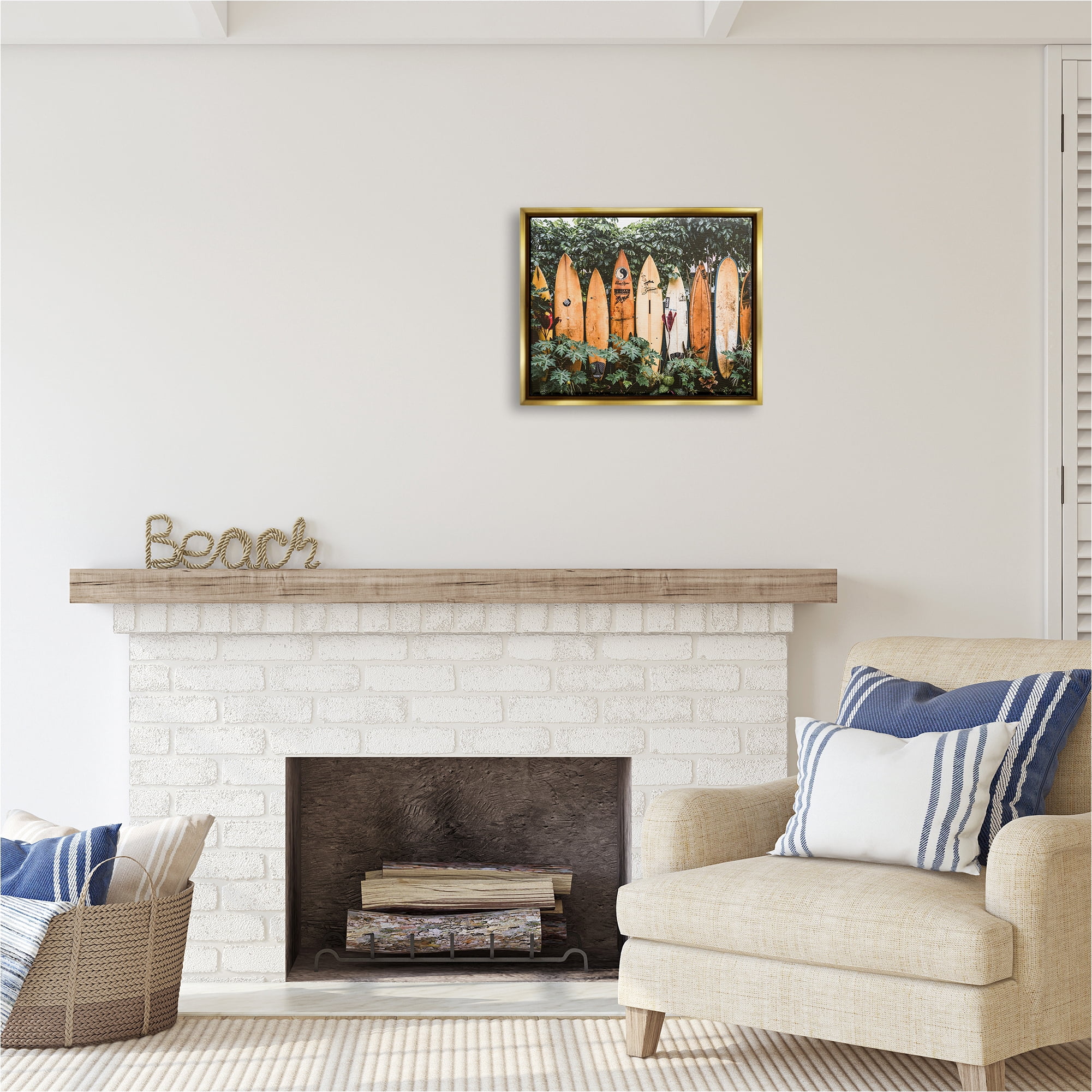 Stupell Industries Surf Boards in Nature Sports Photography Gold Floater Framed Canvas Art Print Wall Art, 21 x 17