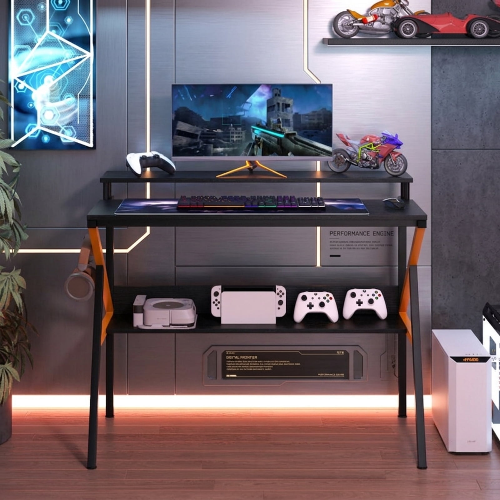 Furnibear Small Computer Desk with Monitor Stand and Storage Shelf, Space Saving Study Writing Desk for Home Office Work, Black