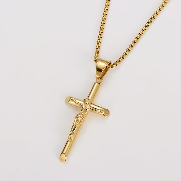 14K Yellow Gold Link Chain INRI Jesus Cross Crucifix Pendant&Necklaces Men Fashion Jewelry Golden Silver Color Father Gift