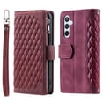 thumbnail image 2 of Case For Samsung Galaxy A17 5G Checkered With 6-card Slots Holder Kickstand Wrist Strap Lanyard Zipper PU Leather Flip Wallet Case,Wine red,For Galaxy A17 5G, 2 of 6