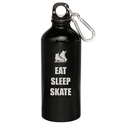 20oz Aluminum Sports Water Bottle Caribiner Clip Eat Sleep Skate Ice Skates (Black) by