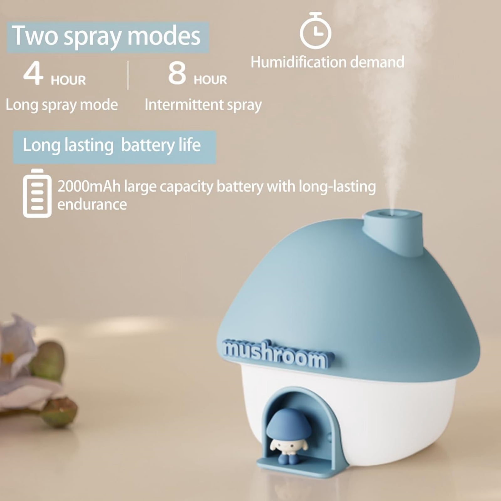 Cute Mushroom House Humidifier, 300ml Small Cool Mist Humidifers, USB Rechargeable Mini Portable Air Humidifer with Night Light for Bedroom, Office, Car, Travel, Indoor Plants Pink