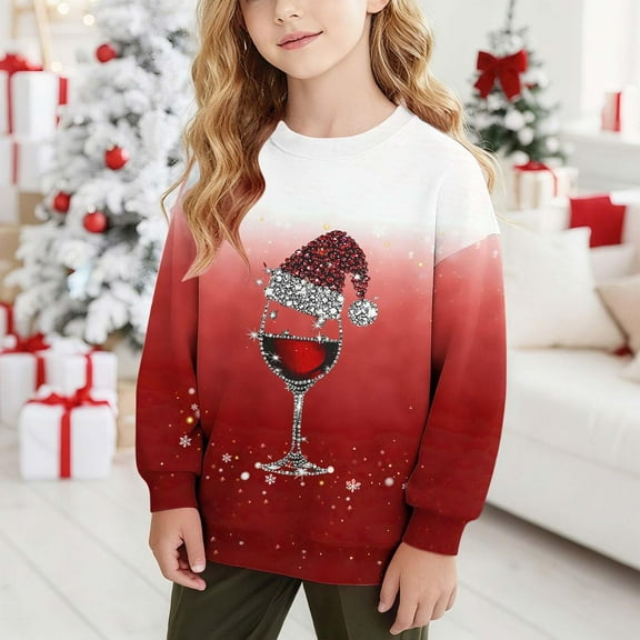 Tdoqot Girls Christmas Sweatshirts- Crewneck Cute Pullover Long Sleeve Kids Festive Shirts Red Size 6-14