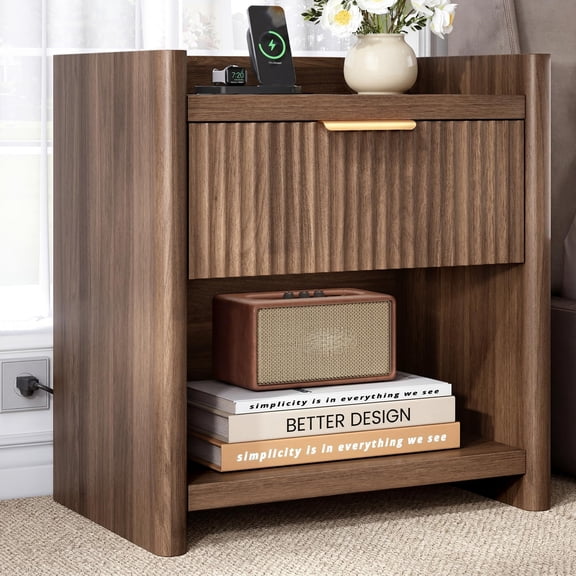 Dark Walnut Fluted Nightstand with Charging Station, 26 H Modern Bedside