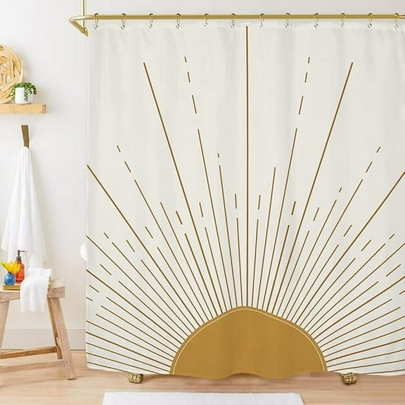 Abstract Sun Shower Curtain Set Modern Minimalist Mid Century Aesthetic Mustard Yellow Sunburst Sunrise Simple Polyester Waterproof Cloth Bathroom Curtain With 12 Hooks 48"W x 72"L (Pack of 1)