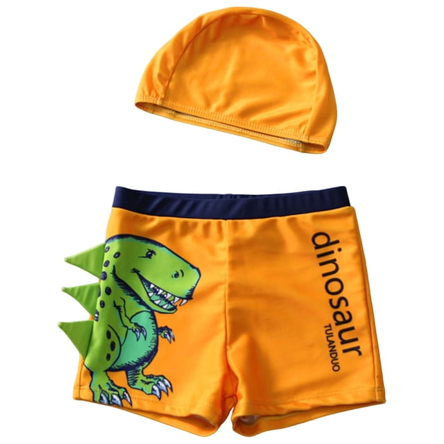 vigerkar Boys 2pcs Swim Trunks Cartoon Dinosaur Beach Boxers with Cap Rashgurad Swimsuit Set UPF 50+ (Green, 1-3 Years)