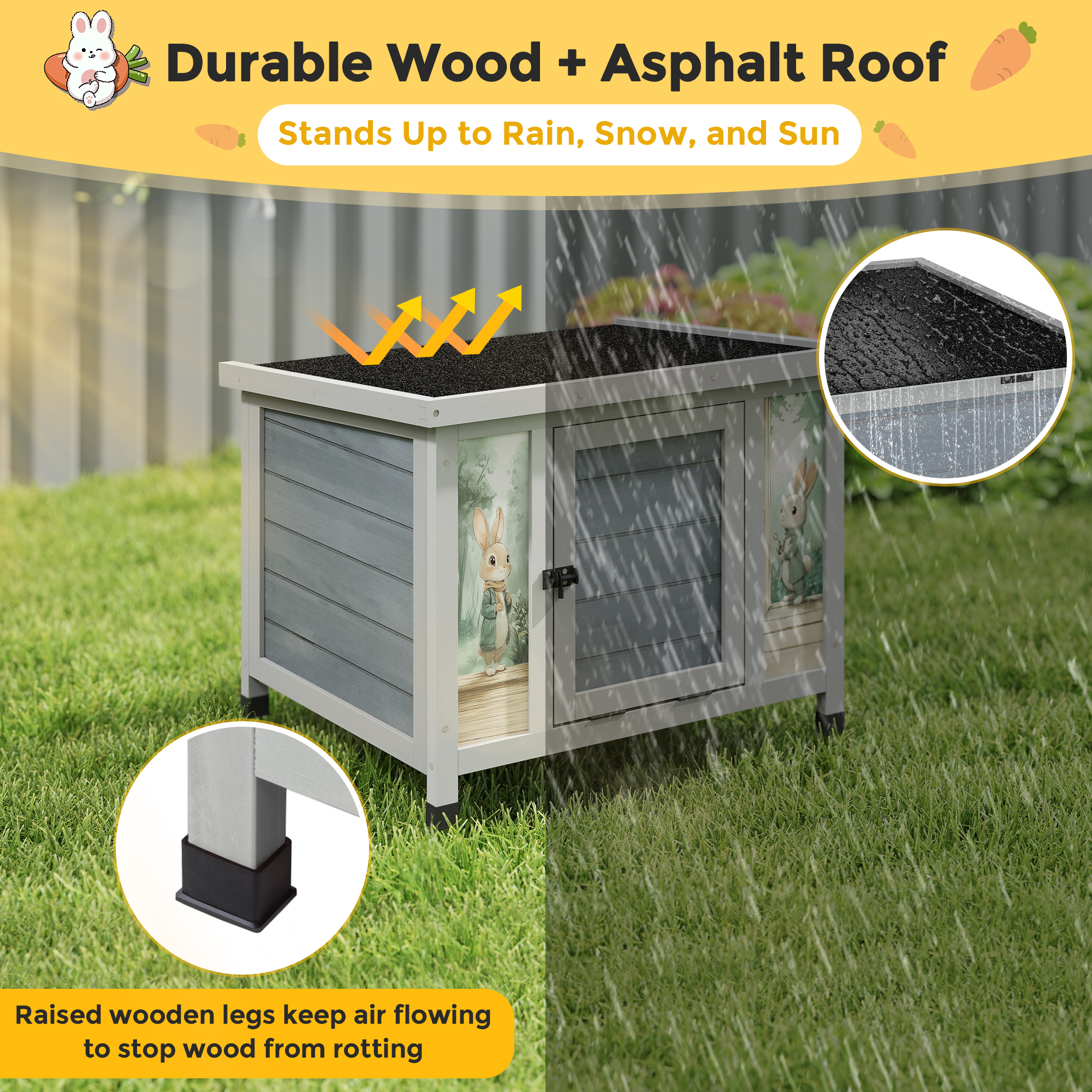 24'' Small Rabbit Hutch Outdoor, Bunny Cage for Small Animal with Weatherproof & Openable Top, Wooden Cat House for Indoor & Outdoor Use (Grey)