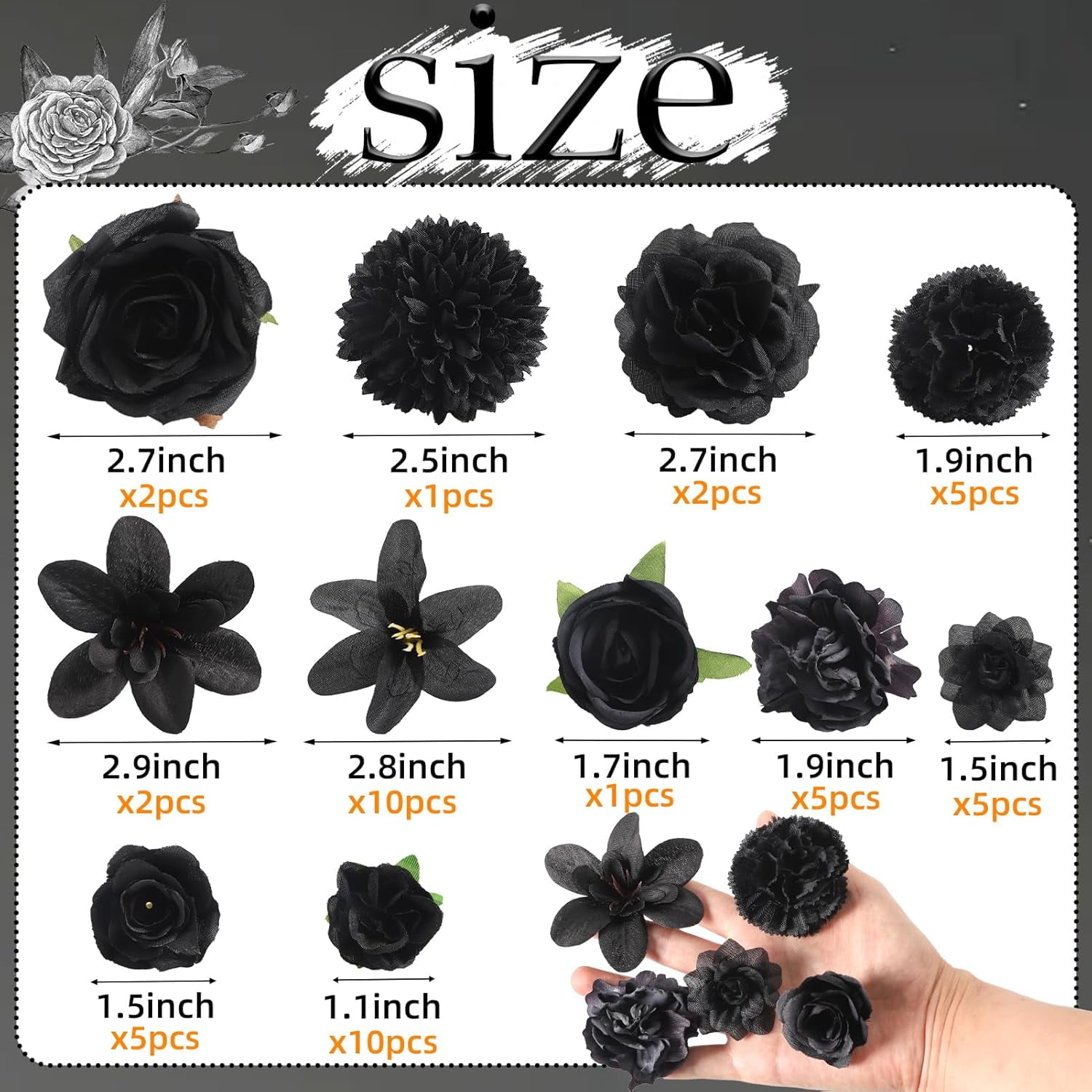 Fake Flower Heads for Crafts - Black Silk Artificial Roses, Peonies, Daisies & Floral Heads for Wedding Decor, Graduation Caps, and Home Decoration
