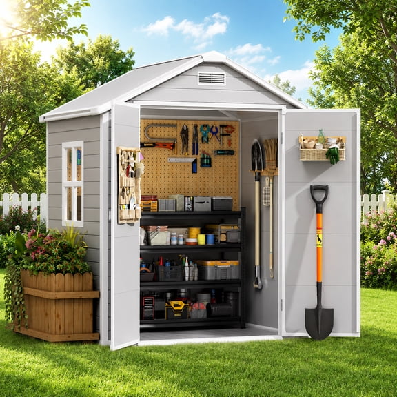 ICEELF 6x4 FT Resin Outdoor Storage Shed with Floor, Plastic Garden Tool Shed with Lockable Door, Vent, All-Weather Storage for Backyard, Patio & Lawn