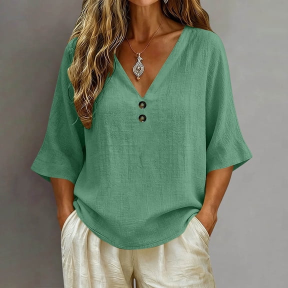 Gamivast Women's Casual Cotton Linen Shirts V Neck 3/4 Sleeve Button Down Blouses Loose Fit Summer Breathable Tunics Everyday Relaxed Tops for Daily Wear Green XXL