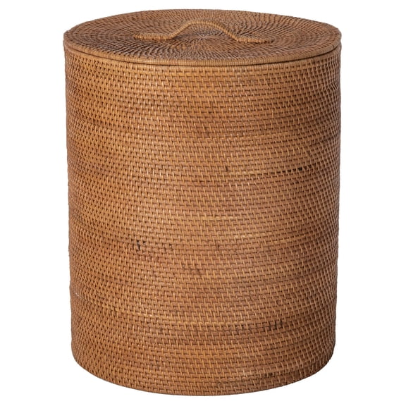 Kouboo Loma Round Rattan Hamper And Laundry Basket With Removable Liner, Handmade Wicker Laundry Basket With Lid, Honey Brown