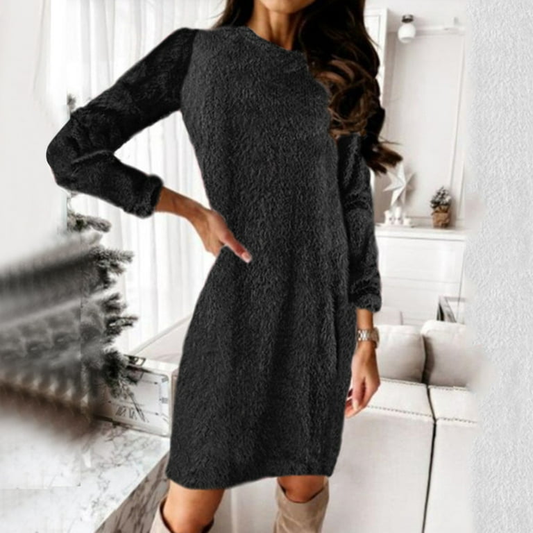 Entyinea Womens Fashion Sweater Dress Mid Length Loose Casual Sweater Solid  Dress Brown XL 