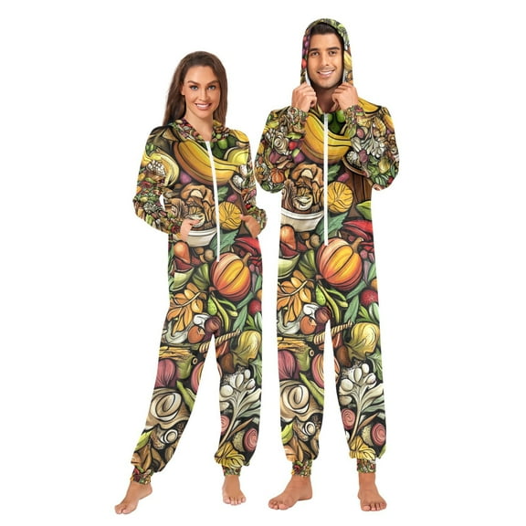 Thanks Giving Many Vegetable Adult Onesie Pajamas Slim Fit Christmas One Piece Suit Pjs for Women and Men Hooded Zipper