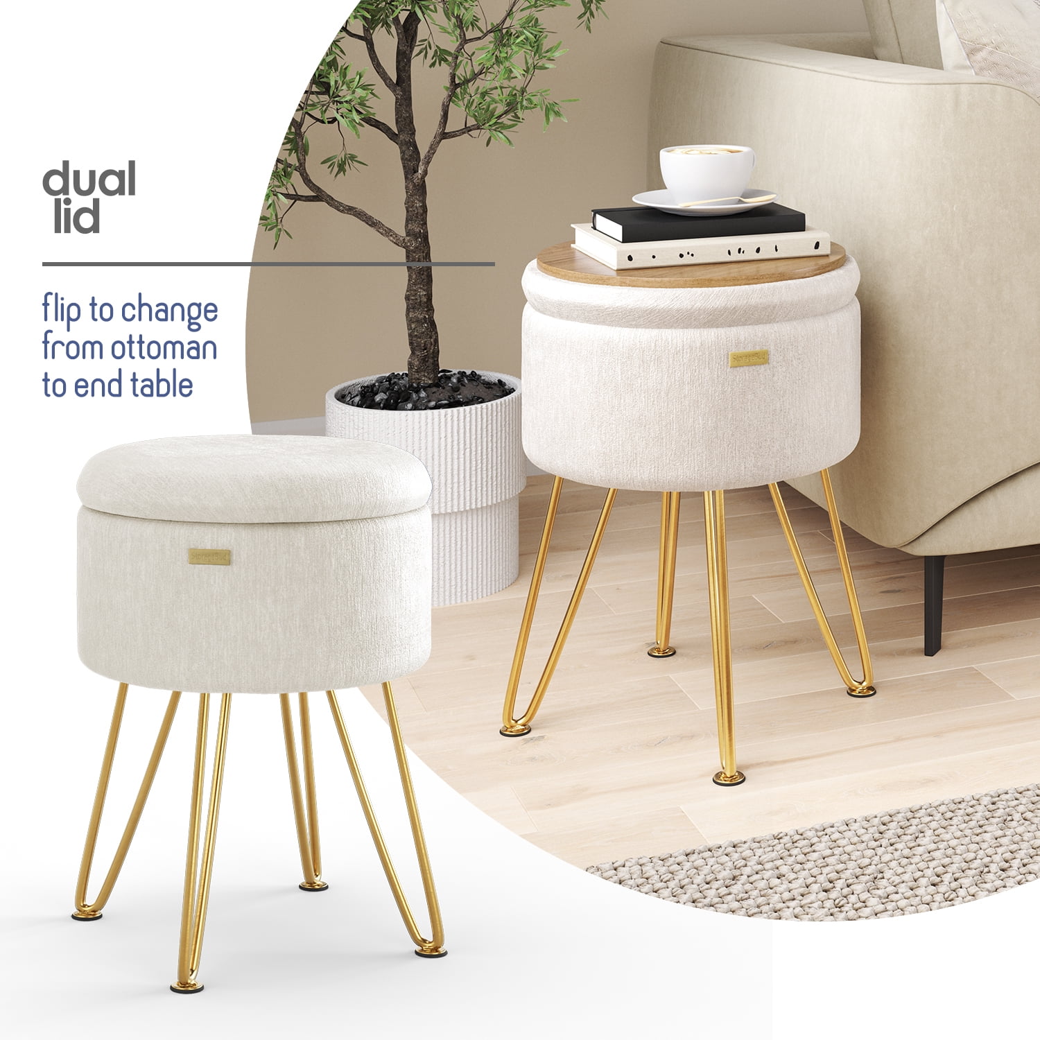 LammaLoe Small Round Ottoman with Storage, Textured Velvet Ottoman Foot Stool with Lid, Upholstered Vanity Stool for Living Room & Bedroom, Cream