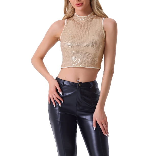 TOP CROP METÁLICO INSPIRADOR CHIC SIN MANGAS PARA MUJERES, TOPS BRILLANTES DE SECUINAS PARA NAVIDAD, COLOR ROSA ORO
