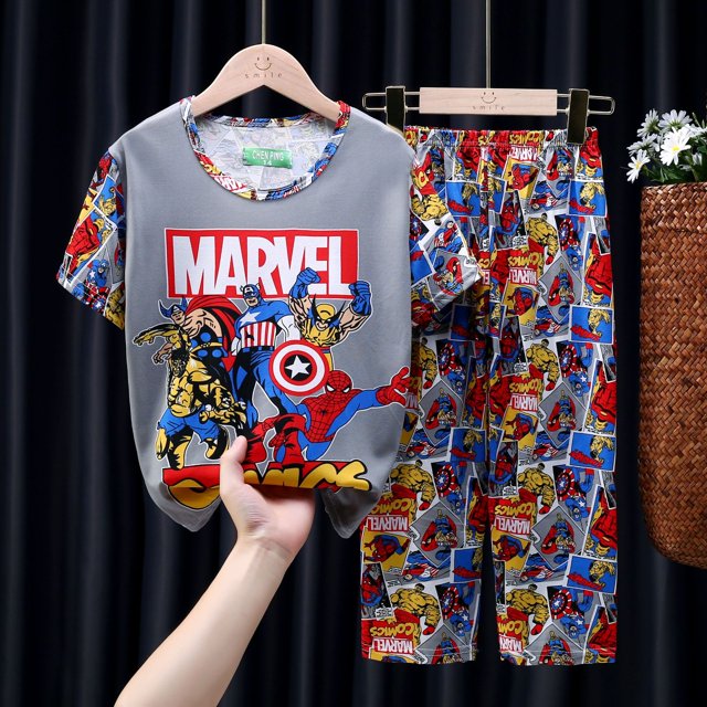 Mickey Mouse Spider-Man Marvel Conjunto de pijamas para niños Ropa de dormir para niños Verano Mangas cortas delgadas Niñas Dibujos animados Ropa para niños Set12 100-110CM Gao Jinjia LED