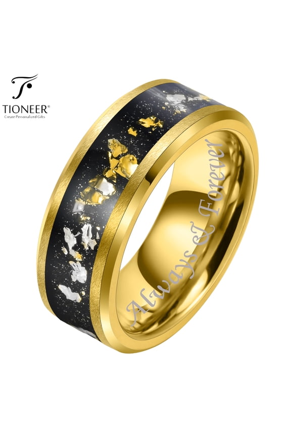 Yellow Gold Plated 8mm Tungsten Carbide Beveled Edge Wedding Band w/ Gold and White Foils Inlay w/ Free Engraving Options