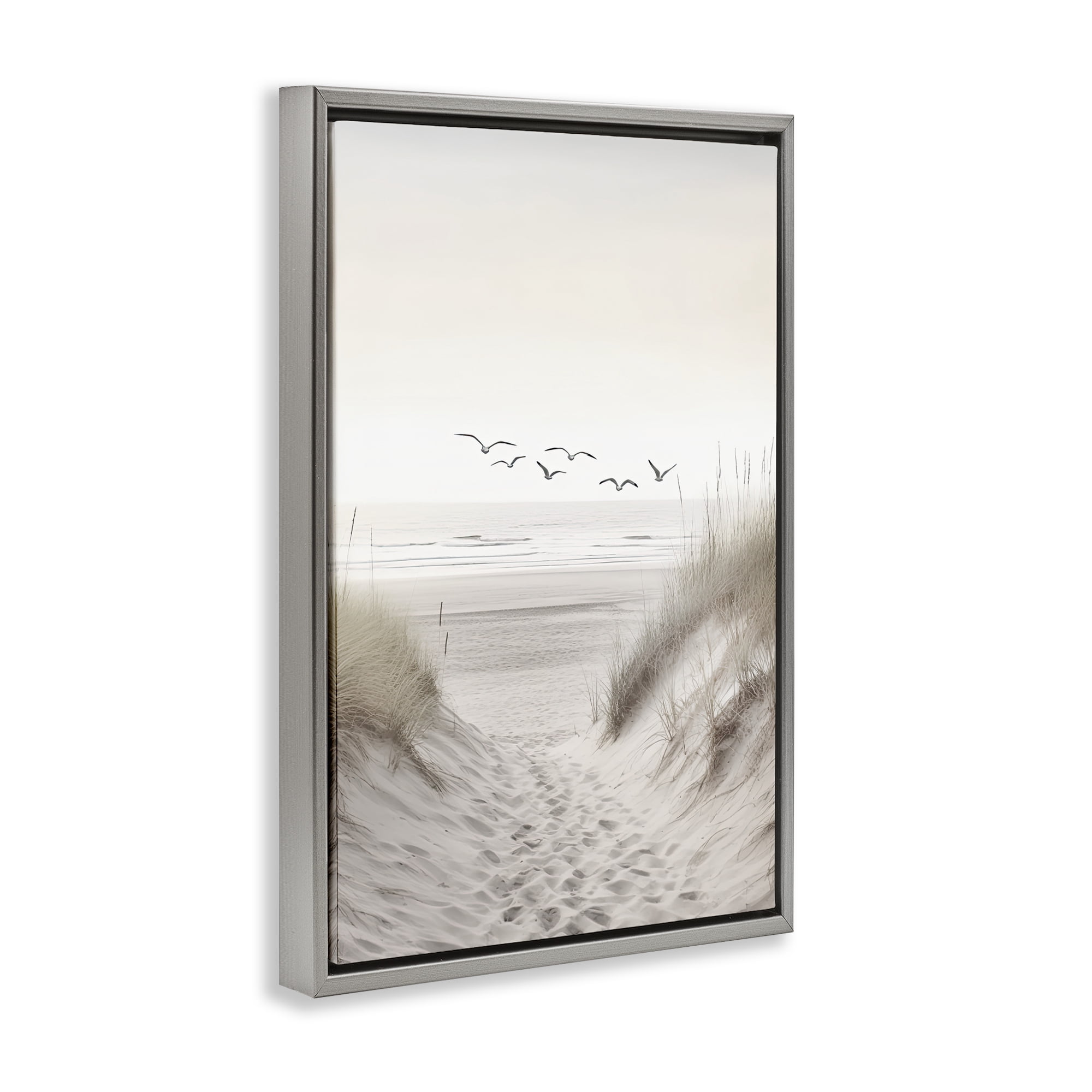 Seagulls over Sandy Footprints Gray Framed Floater Canvas Wall Art, design by Decent Exposures