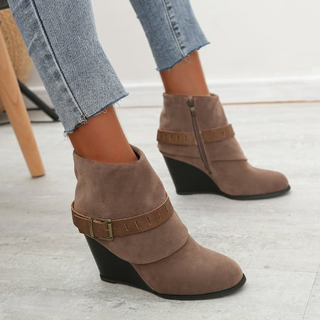 

Qepwscx Women s Belt Buckle Boots Oversized Thick Heel Side Zipper Round Toe Booties