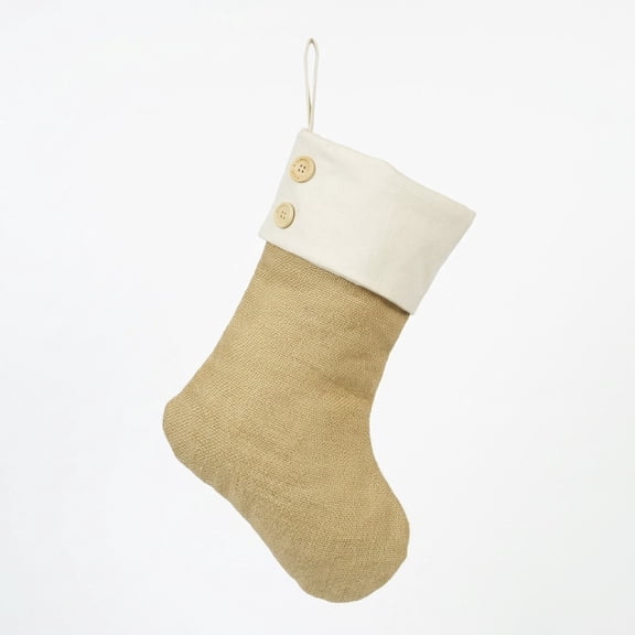 MTIANG Burlap Christmas Stocking,16.7 inch Natural Linen Xmas Sock,Quilted Cotton Cuff with Wooden Buttons, Large Hanging Stocking for Fireplace Holiday Decor