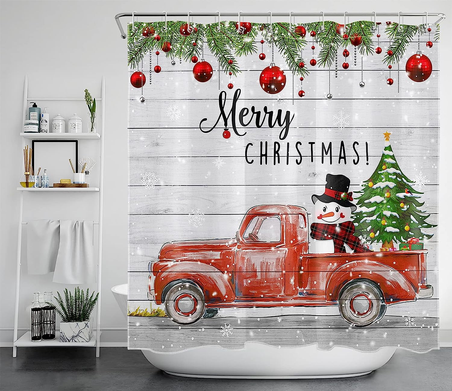 JOOCAR Merry Christmas Shower Curtain Farmhouse Red Truck Shower