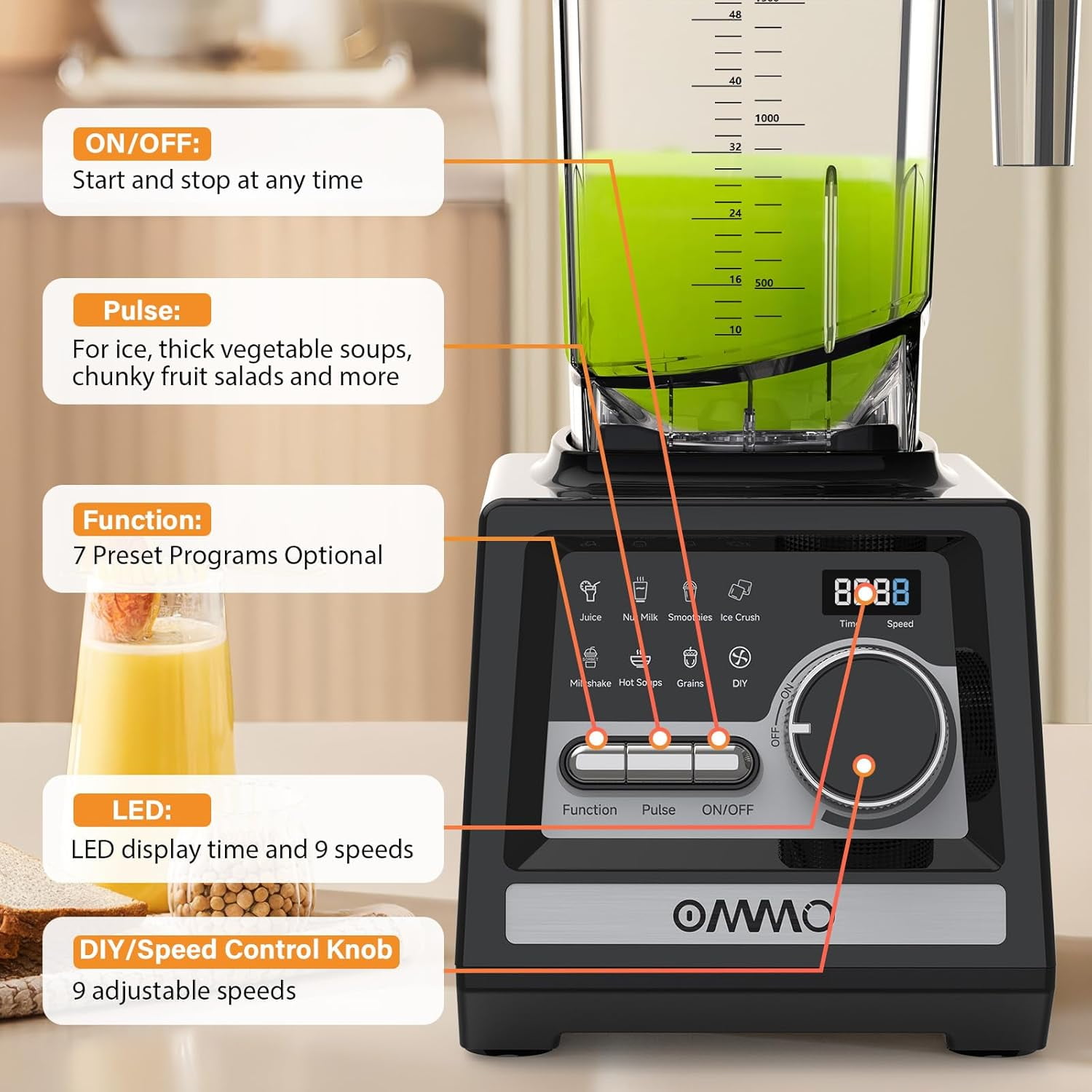 Peak1800W Blender for Smoothies, 68oz BPA-Free Kitchen Countertop Blender with 9 Speeds & Timer