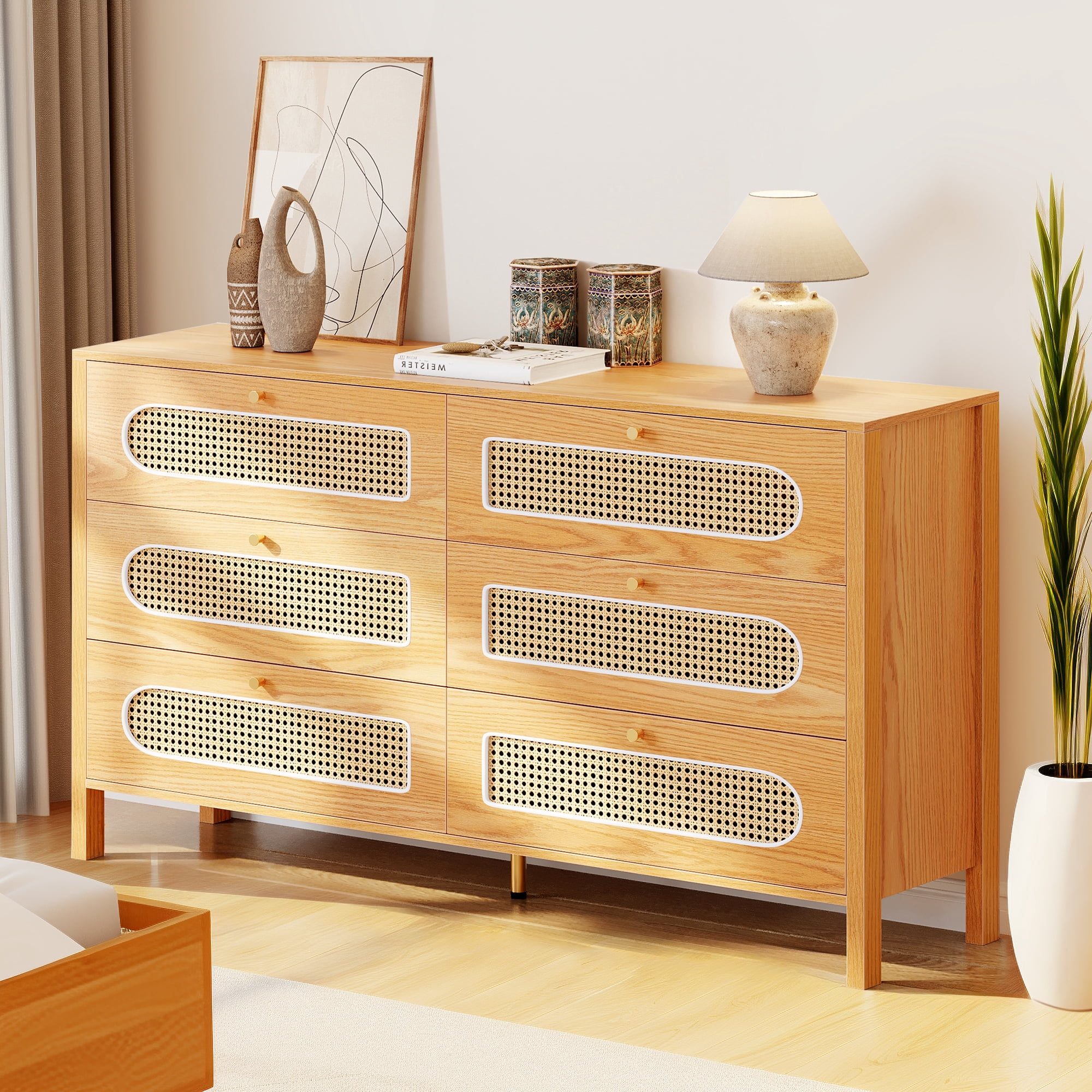 Uforic 6-Drawer Horizontal Double Dresser, Wood Chest of Drawers, Natural