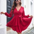 thumbnail image 4 of Vestido de mujer Laklulu con escote en V profundo, manga larga, lazo en la cintura, volantes, minivestidos estilo patinador - Claret, Claret, M, 4 of 6