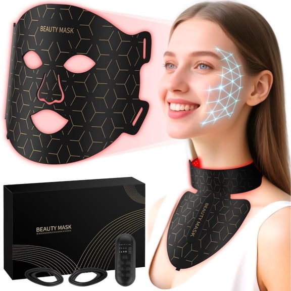 2-in-1 Wearable 7 Color LED Silicone Face and Neck Light Mask Set with USB Switch, Bendable Beauty Light Device with Adjustable Straps for Home Facial Care