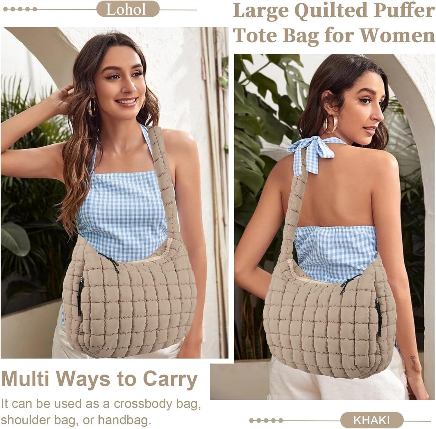 Lohol Quilted Puffer Tote Bag for Women - Large Crossbody Bag, Lightweight Nylon Puffy Carryall Hobo Puff Shoulder Bag-Khaki