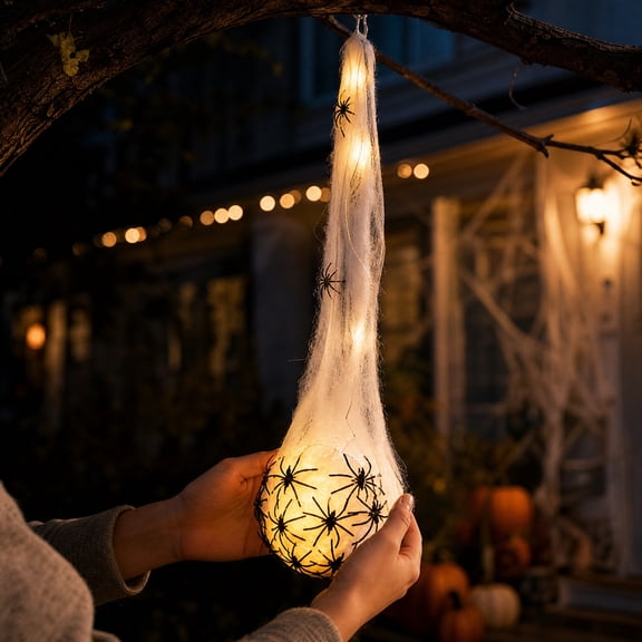 Gqtwoy Halloween Hanging Spidered Nests Decoration, LED Lights, Indoor Outdoor Halloween Party Decor, Spooky Spider Egg Bag, Perfect for Patios, Lawns, Trees