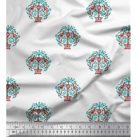 Soimoi Moss Georgette Fabric Peacock & Tree Block Decor Fabric Printed Yard 42 Inch Wide