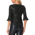 thumbnail image 3 of TOP DE LENTEJUELAS INSPIRADOR CHIC PARA MUJERES CON MANGAS DE CAMPANA 3/4 Y CUELLO EN V METÁLICO BRILLANTE BLUSA DE FIESTA XL NEGRO, 3 of 5