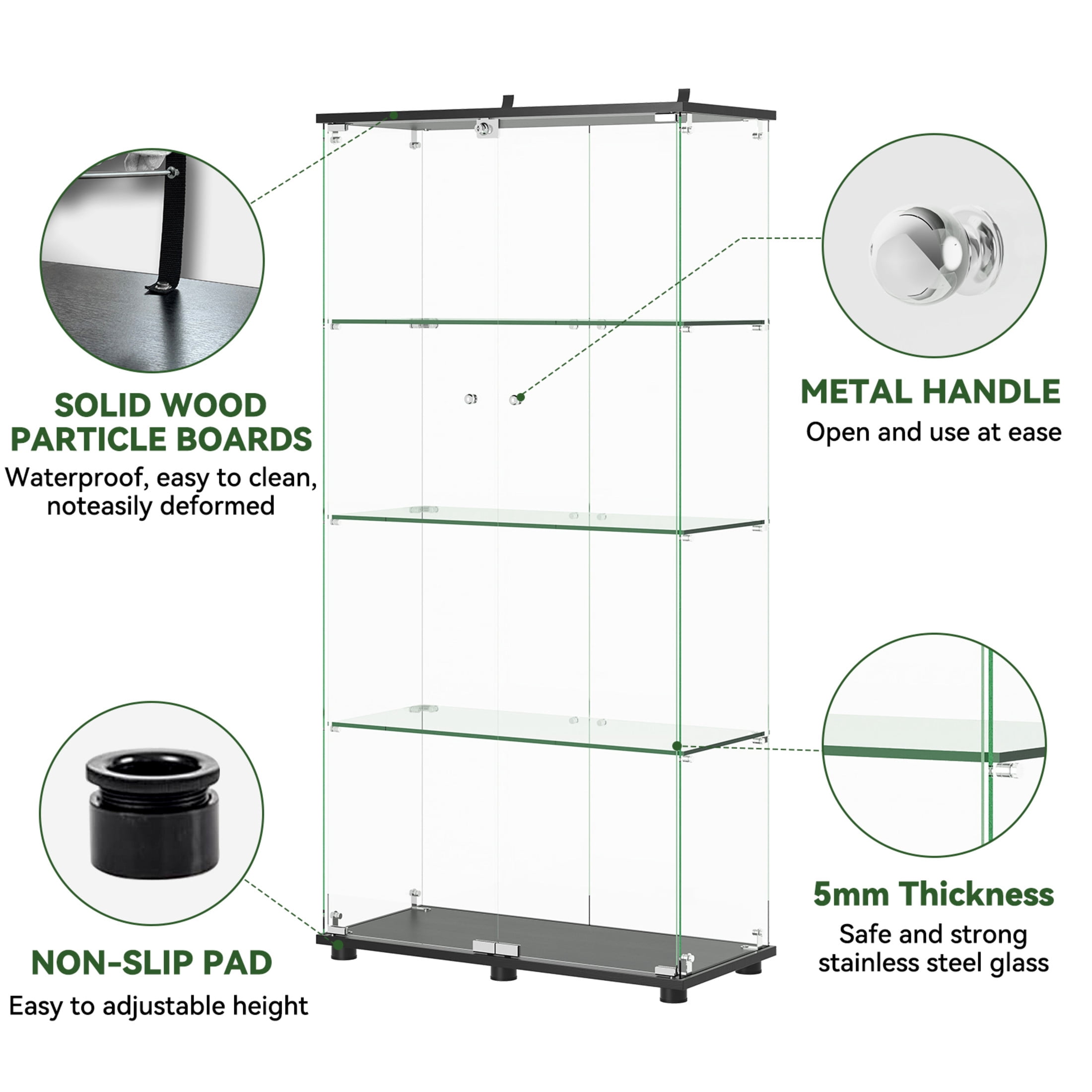 Noble House Floor Standing Display Cabinet with Locking Double Doors, 4-Shelf Tempered Glass Curio Cabinet, Black