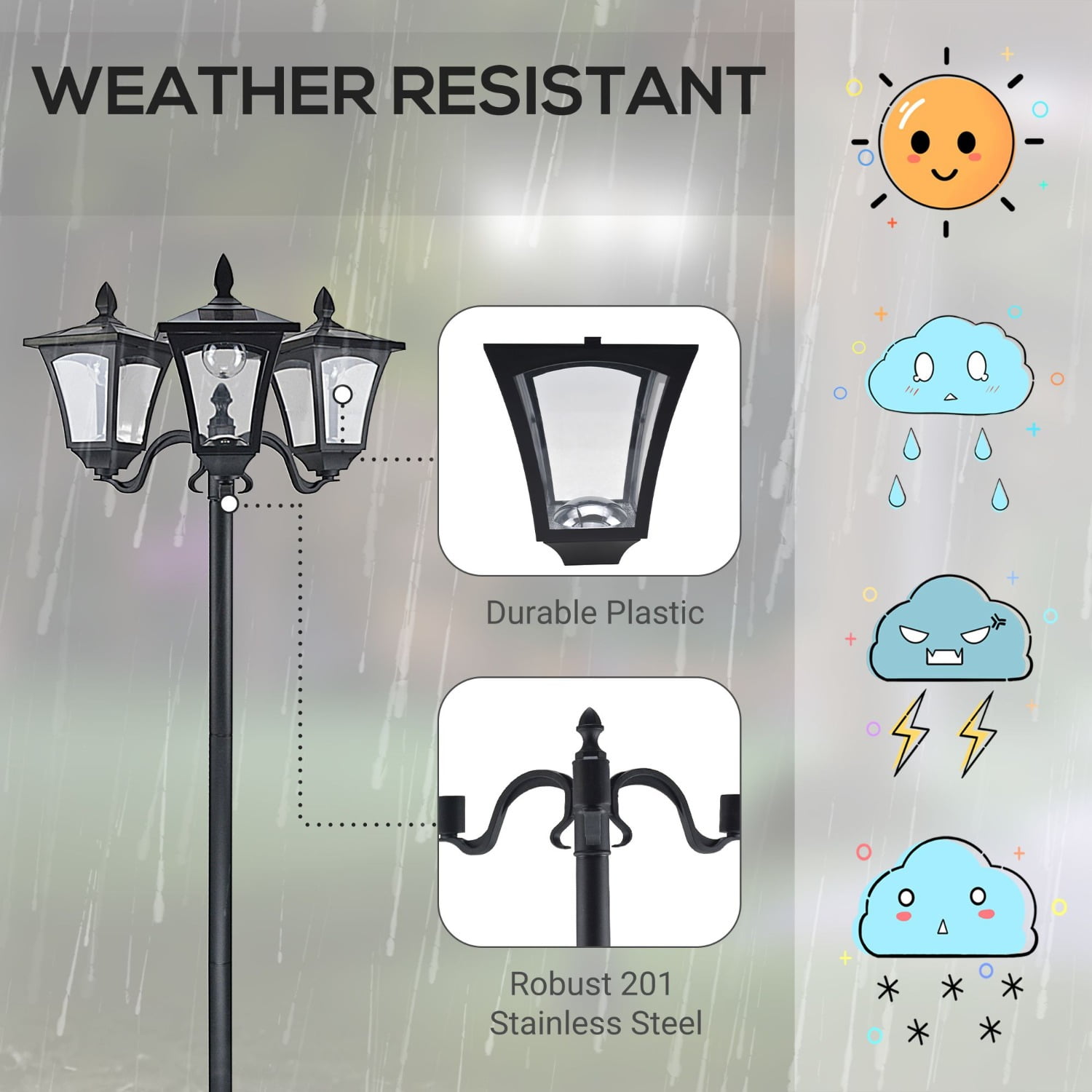 72" Outdoor Triple-Head Solar Lamp Post - IP44 Waterproof Vintage Street Light with Auto Sensor & Dimmable Switch for Backyard Garden Pathway Driveway