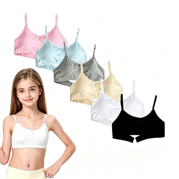 30A-32A-34A Training Bras for Young Girls 10-16 6 Pack Breathable Non-Wired Crop Bras with Removable Pads and Thin Straps