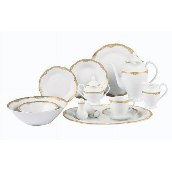 Stylish and Elegant 57 Pieces Porcelain Dinnerware Set Service for 8 People for Hosting Parties and Events - Wavy Edge, Gold Trim