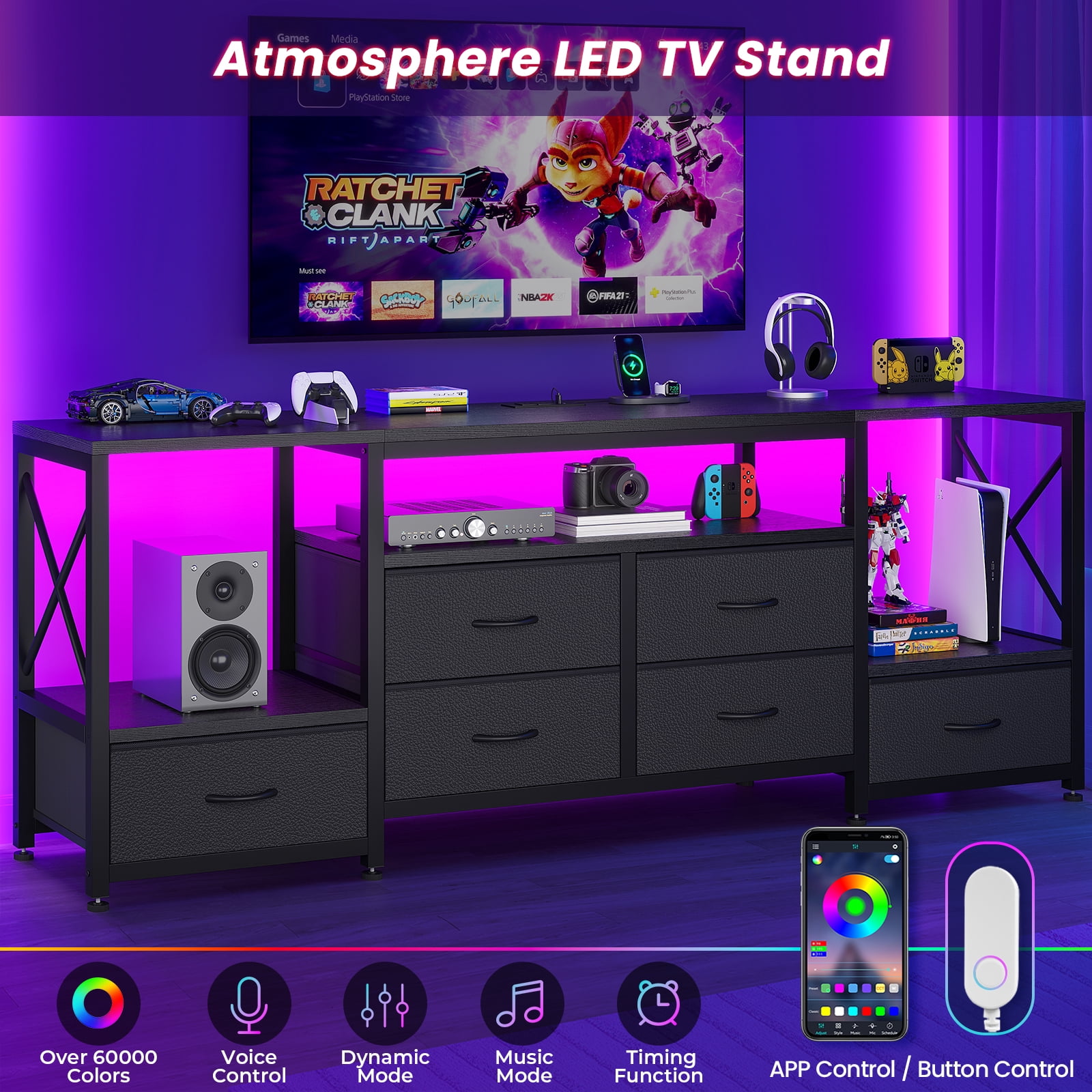 Afuhokles TV Stand up to 75 Inch TV with LED Light and Charging Station, 63" Entertainment Center Industrial TV Console Table with 6 Fabric Drawers and Open Shelves for Living Room, Black