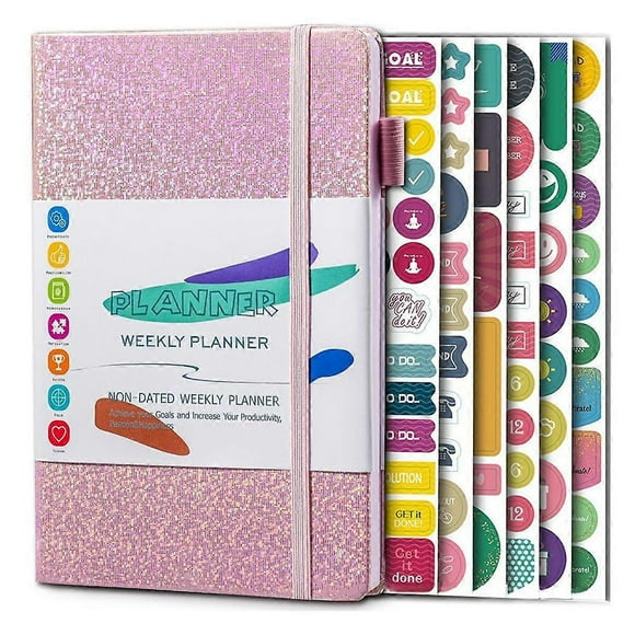 Cuaderno/agenda tamaño A5 con correa elástica y pegatinas para diario.