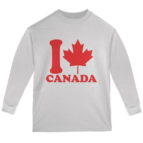 I Love Maple Leaf Heart Canada Youth Long Sleeve T Shirt White YLG