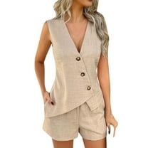 Women's Summer 2 Piece Linen Outfits: Button Down Vest & Shorts Sets, Comfortable, Breathable for Casual & Dressy Occasions