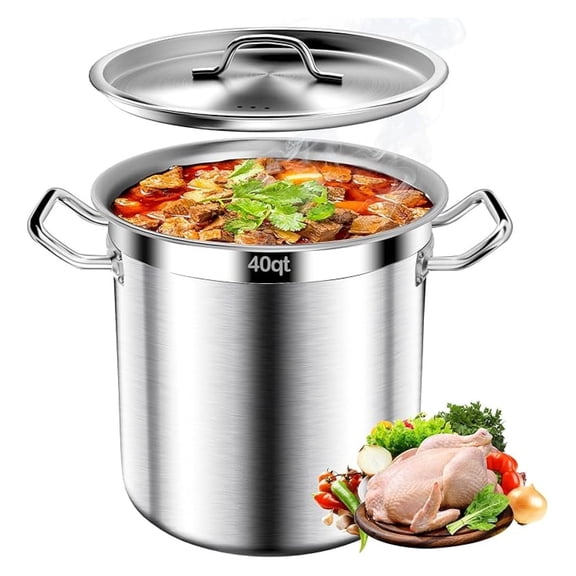 Stainless Steel Stockpot – 40QT Stock Pot with Lid, Heavy-Duty Tri-Ply Bottom Cooking Pot for Canning, Boiling Beer Brewing, Soup, Seafood Boil – Finish Stainless Steel Soup Pot