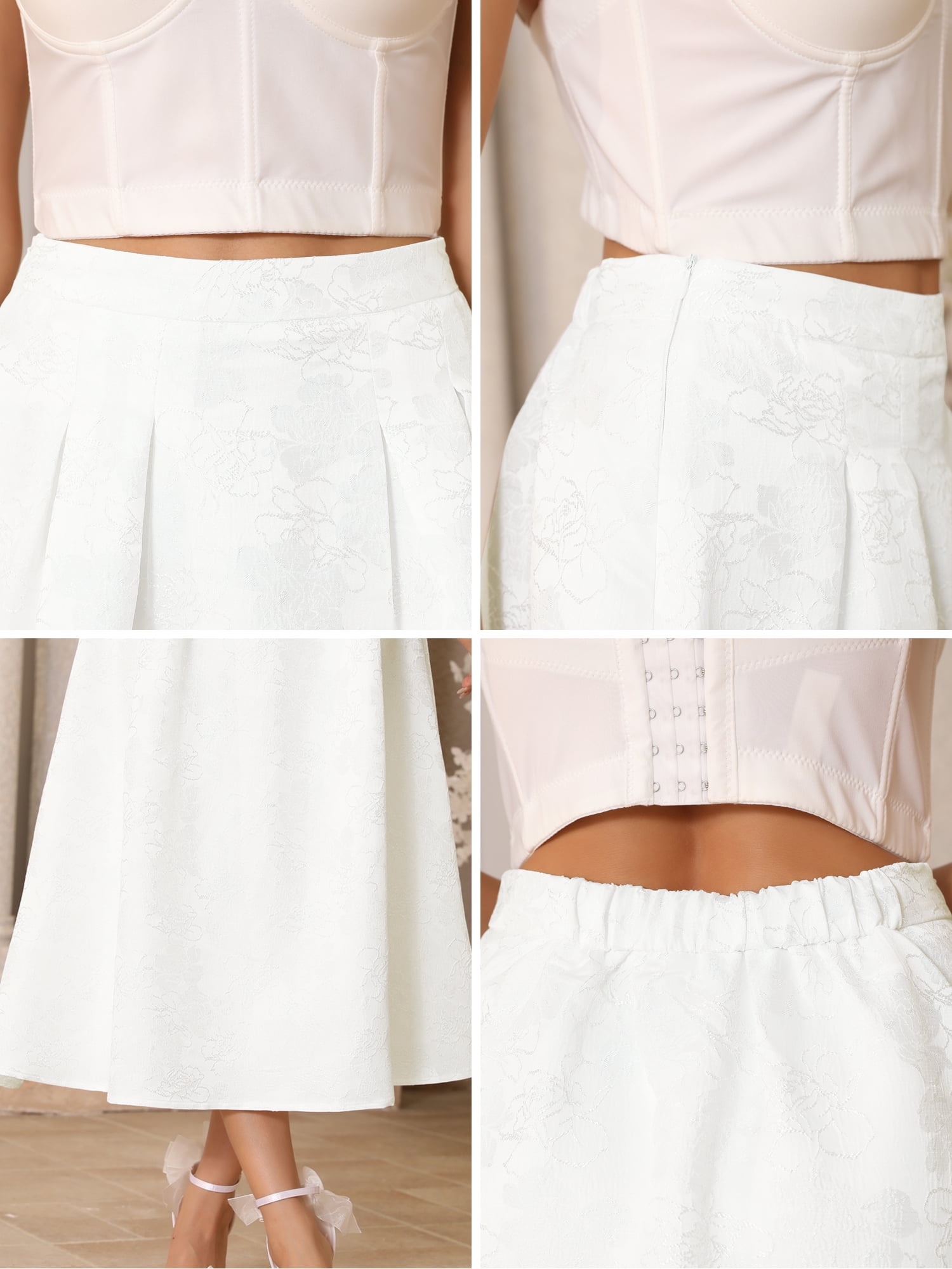DARING DIVA Womne's Floral Jacquard Midi Skirt with Design Large White