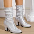 thumbnail image 2 of Pandaie Women's Mid Calf Chunky Heel Short Boots Party Daily Work Fashion Classic PU Slouchy Booties Fall Walking Shoes Silver 9, 2 of 5