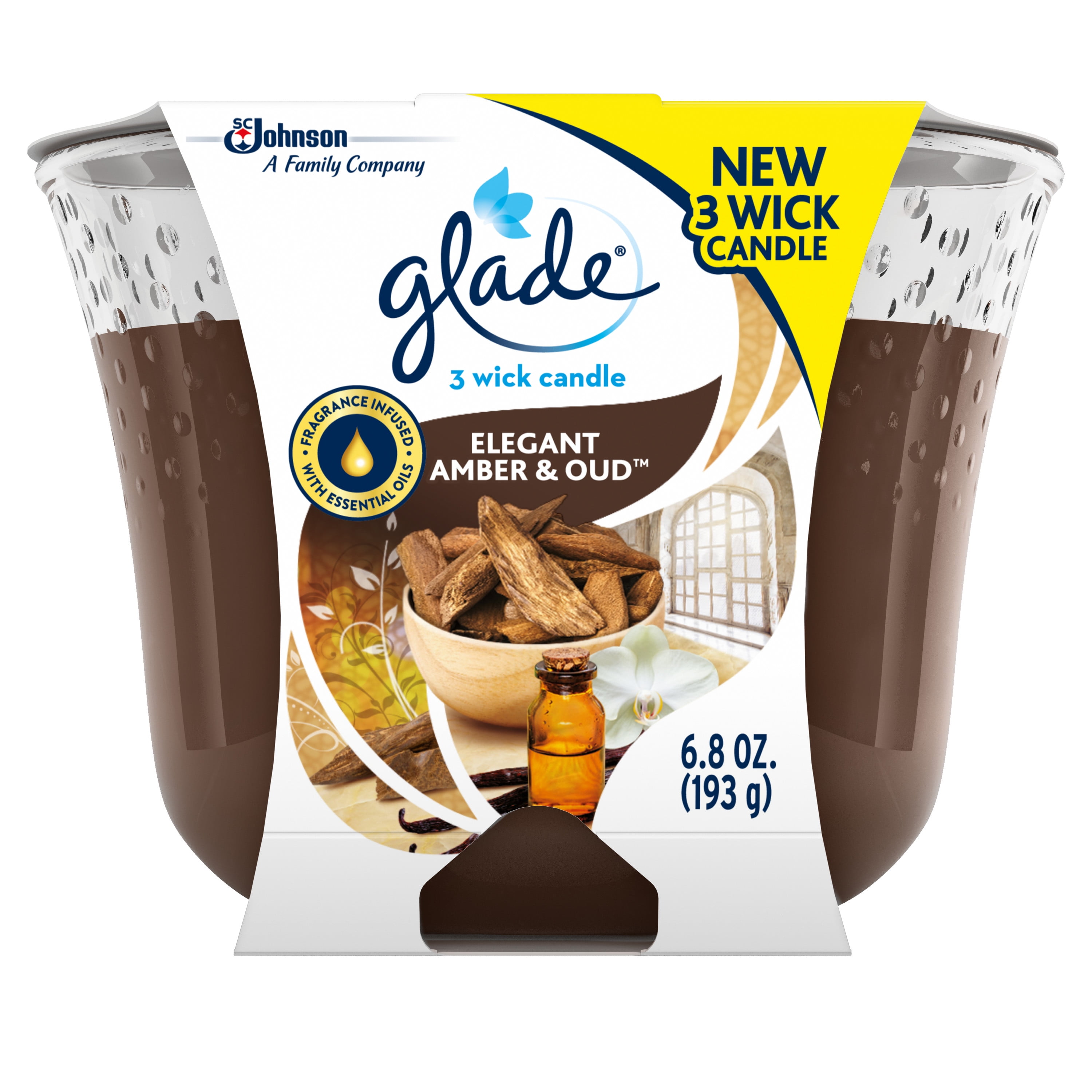 Glade 3 Wick Candle Air Freshener, Elegant Amber and Oud, 6.8 oz