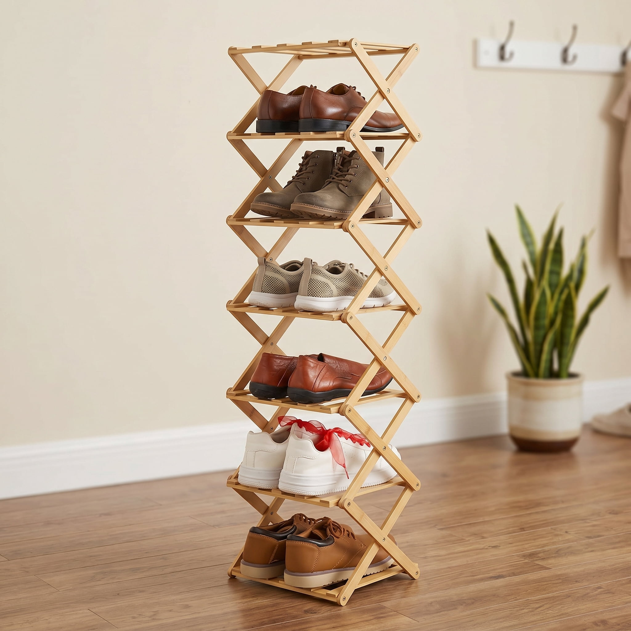 7 Tier Wooden Vertical Shoe Rack, Folding Narrow Shoe Organizer, Standing Portable Shoe Storage Shelf for Entryway, Bedroom, Living Room Corner and Small Spaces, No Installation, Space-Saving