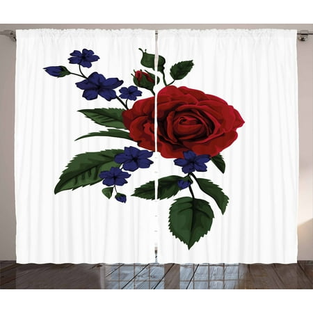 Rose Curtains 2 Panels Set Rosebud With Little Blossoms Leaves