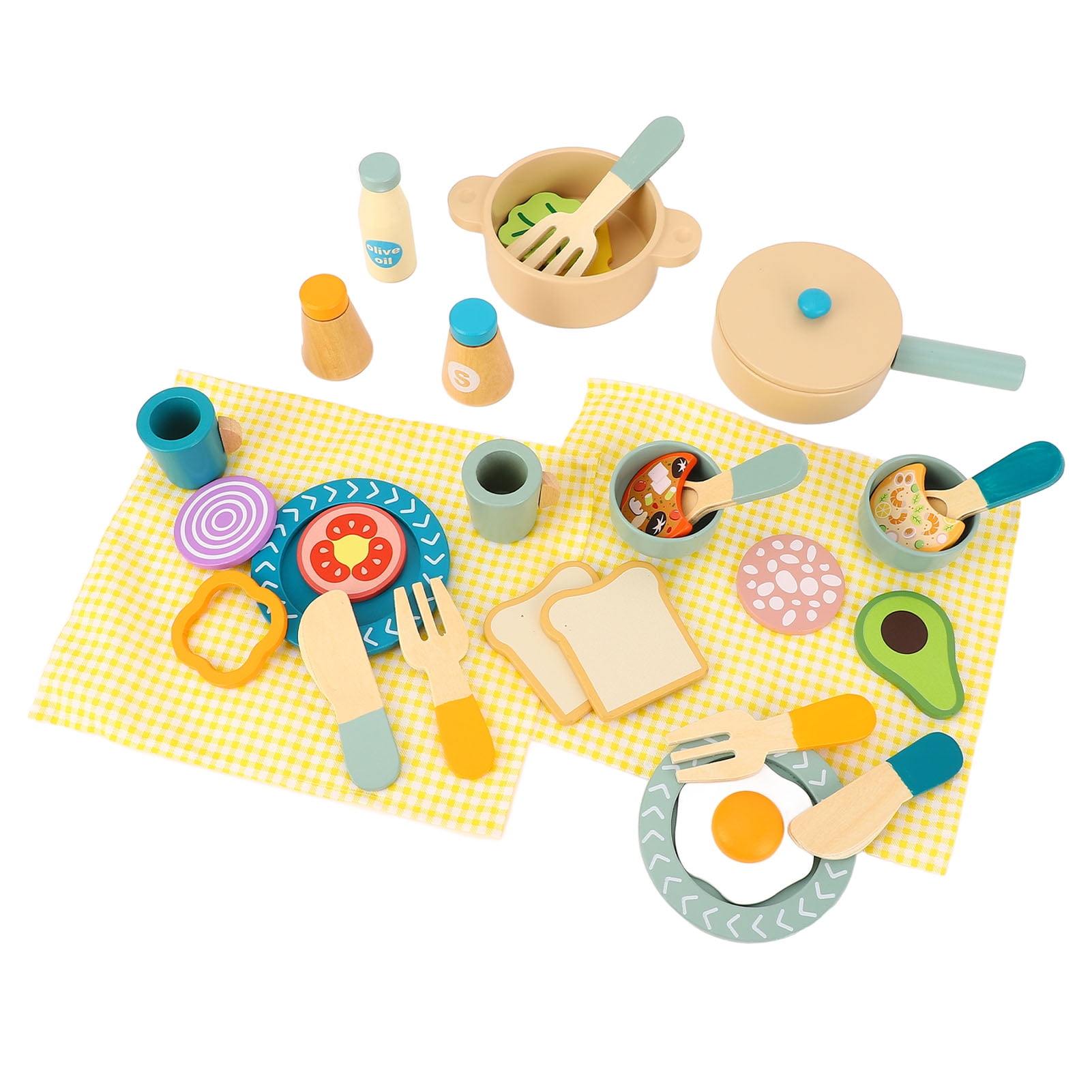 Wooden Kitchen Utensils Play Set, Wooden Play Food Set  Safe Role Playing  for Kids
