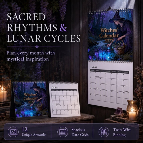 2027 Witch Wall Calendar, 12 Month Wall Calendar, Witch Themed Calendar, Decorative Wall Calendar, Festive Witch Calendar for Home and Office