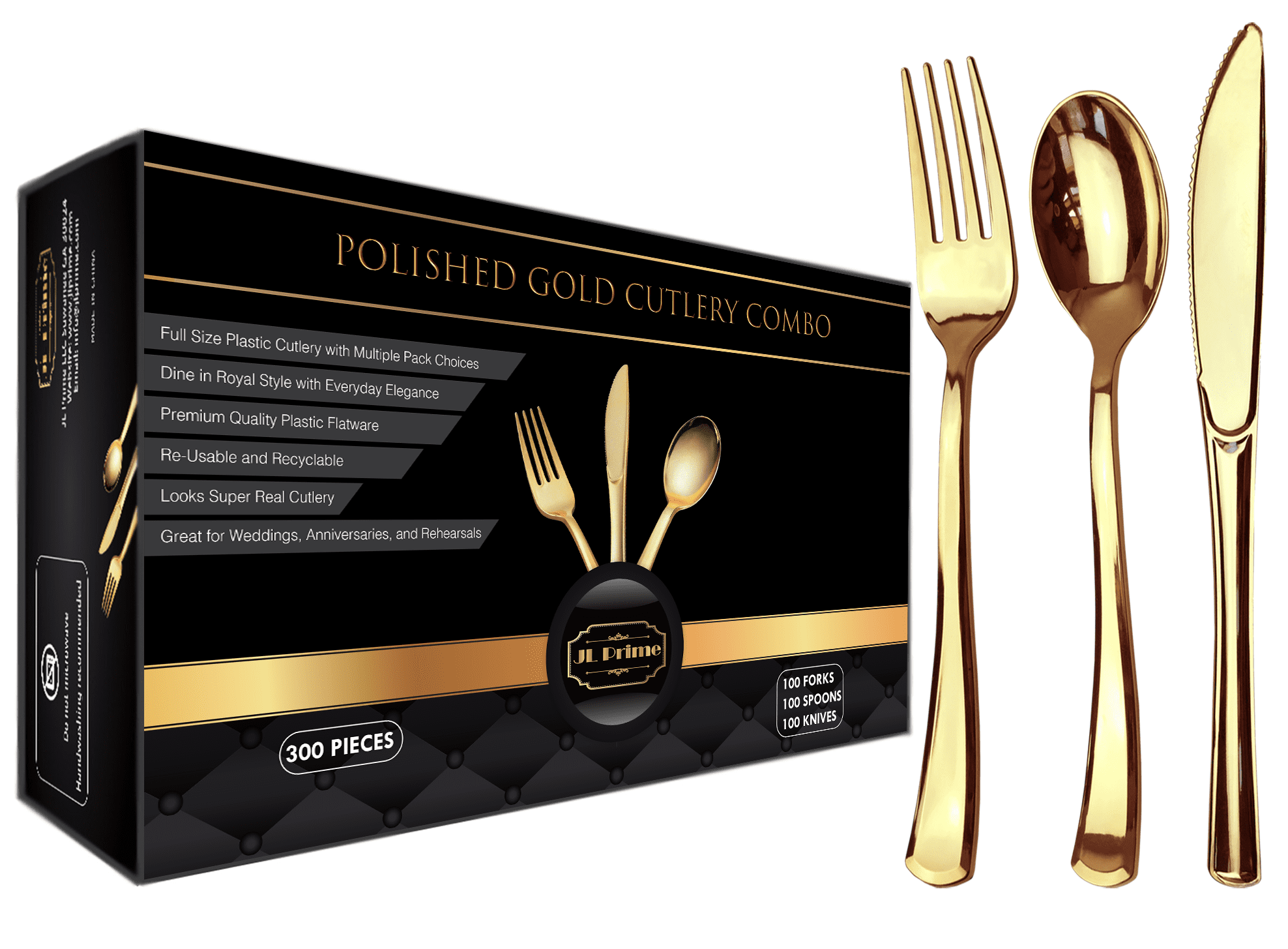 Gold Plastic Silverware Set - 300 Piece Reusable & Recyclable Cutlery for Weddings, Anniversaries, Showers, Parties - Includes 100 Forks, 100 Spoons, 100 Knives - Elegant Party Utensils by JL Prime